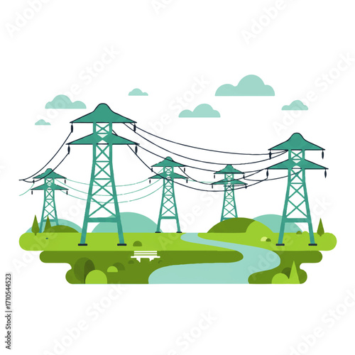 Illustration of electricity pylons stretching across a green landscape with a winding river and scattered clouds.