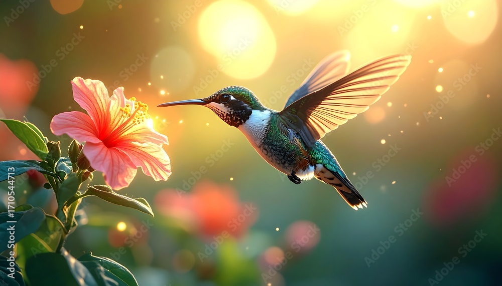 Naklejka premium A tiny hummingbird hovers near a blooming flower, bathed in warm, golden light. Delicate wings blur, and a soft bokeh creates a dreamy atmosphere