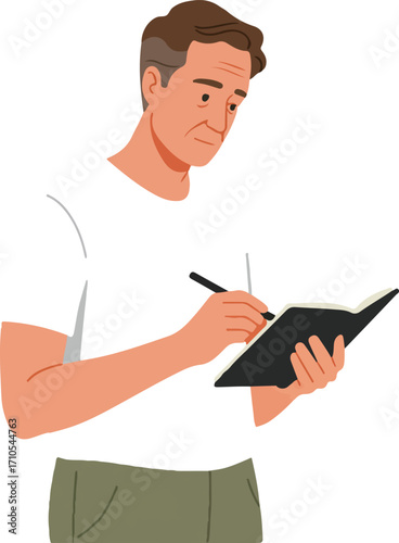 A man in a white shirt is writing in a black notebook.