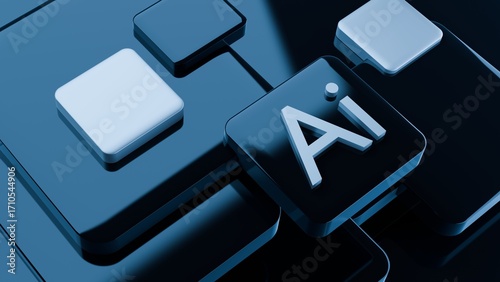 AI, artificial intelligence logo on blue geometric square background. 3d render artificial intelligence concept,