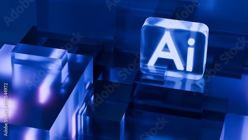 AI, artificial intelligence logo on glass geometric square background. 3d render artificial intelligence concept,