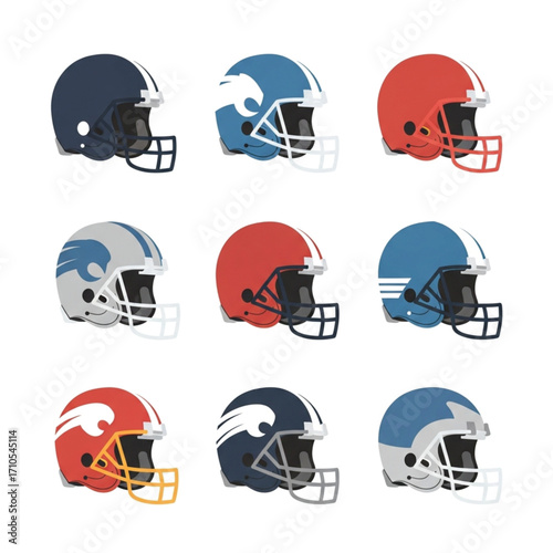 Collection of Colorful American Football Helmets with Unique Designs and Stripes.