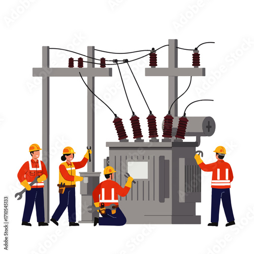Four electrical workers in safety gear are repairing a large power transformer with tools, working on electrical lines.