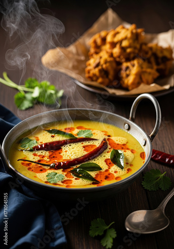 preparation of Punjabi Kadhi Pakora in a traditional pan with crispy fritters.