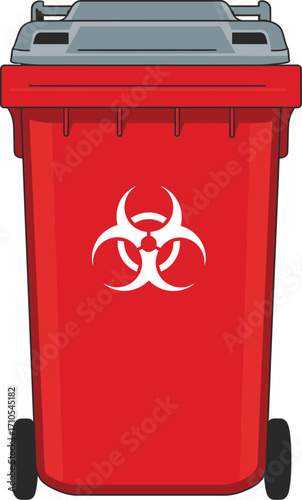 Red biohazard waste bin with wheels and lid iconic symbol of medical hazardous material disposal for safe healthcare environments vector