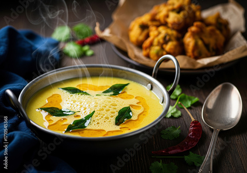 preparation of Punjabi Kadhi Pakora in a traditional pan with crispy fritters.