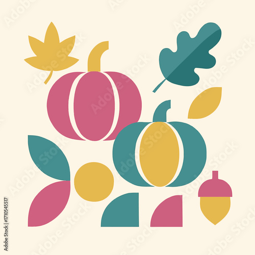 Minimalist geometric illustration of pumpkins, autumn leaves, and an acorn in bold retro colors, ideal for seasonal decor, modern fall designs, and creative holiday projects.