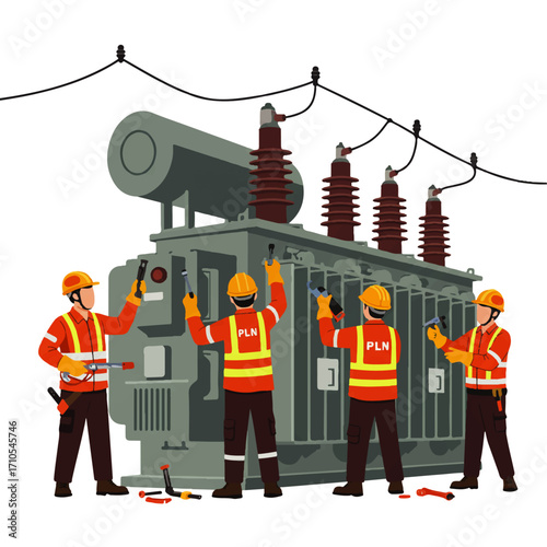 Four electrical workers in safety gear maintain a large power transformer, using tools to perform repairs and maintenance.