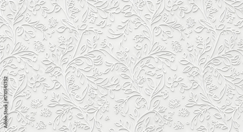 Elegant white floral embossed background with delicate leaf and flower patterns offering a sophisticated and textured design