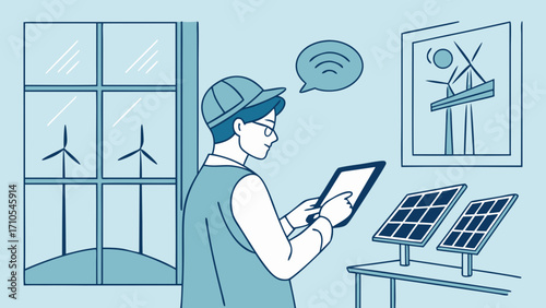 Renewable Energy Project Manager Analyzing Solar and Wind Power Holograms on Digital Tablet