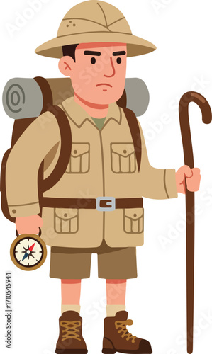 A cartoon explorer with backpack, compass, and walking stick.