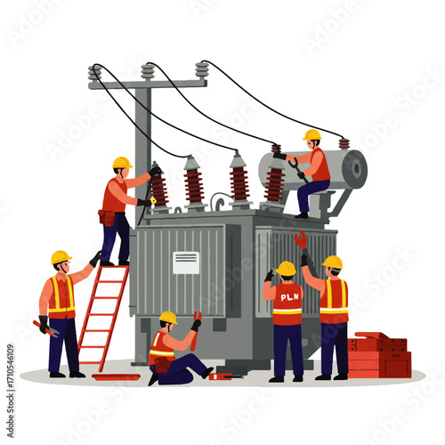 Illustration of electrical workers in safety gear maintaining a large transformer connected to power lines on a utility pole.