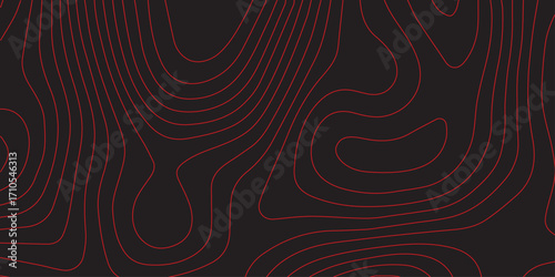 Geographic abstract mapping artwork red contour lines topographic map black background ultra wide panoramic terrain path cartography illustration vector artwork
