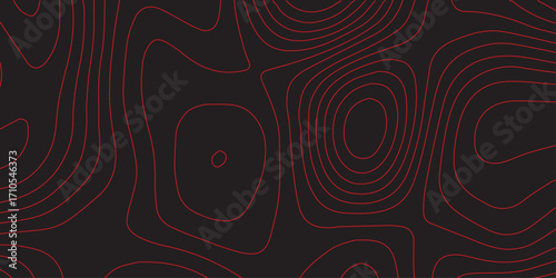 Abstract topographic map contour line artwork in red on black background ultra wide panoramic format modern terrain mapping illustration geographic elevation scheme design cartography artwork detailed