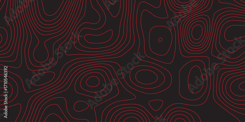 Abstract topographic map contour line artwork in red on black background ultra wide panoramic format modern terrain mapping illustration geographic elevation scheme design cartography artwork detailed