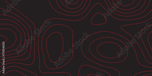 Ultra wide panoramic black background with abstract red contour topographic map lines detailed terrain path elevation mapping modern cartography design conceptual scheme artwork vector illustration
