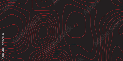 Modern abstract cartography illustration of topographic map contour lines in red on black surface ultra wide panoramic background terrain path design detailed elevation mapping geographic style 