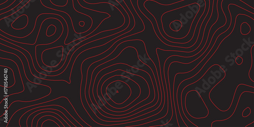 Ultra wide panoramic abstract topographic map design with red contour lines on black background detailed geographic elevation mapping terrain path scheme modern cartography illustration conceptual map