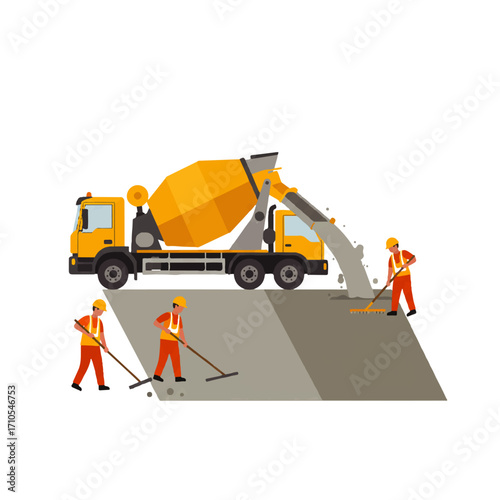 Construction workers leveling wet cement poured from a yellow cement truck on a construction site.