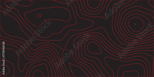 Ultra wide panoramic abstract topographic map design with red contour lines on black background detailed geographic elevation mapping terrain path scheme modern cartography illustration conceptual map