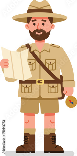 Cartoon explorer with map and compass.