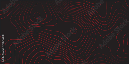 Modern abstract geographic mapping illustration with red contour lines topographic map design on black background ultra wide panoramic format terrain path cartography conditional scheme artwork vector