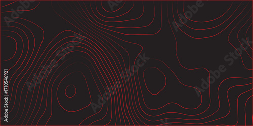 Modern abstract geographic mapping illustration with red contour lines topographic map design on black background ultra wide panoramic format terrain path cartography conditional scheme artwork vector