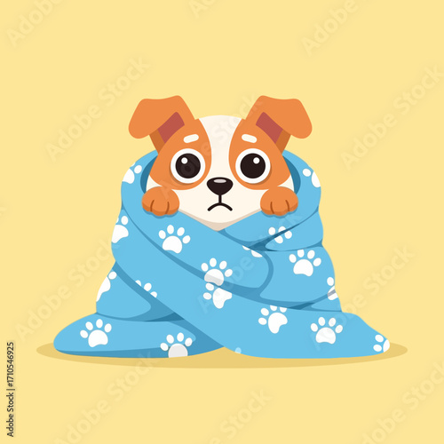 Sad Little Puppy Wrapped in a Cozy Blue Blanket with Paw Prints
