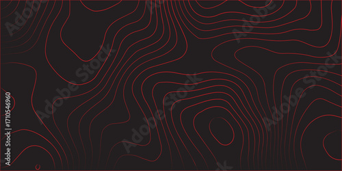 Detailed abstract topographic contour lines red on black illustration ultra wide panoramic format terrain path mapping geographic cartography scheme modern artwork design for vector decoration and con