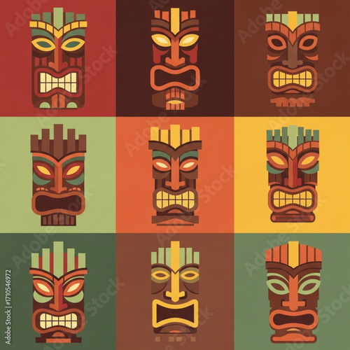 Colorful Tiki Masks Grid Geometric Stylized Hawaiian Deities with Varied Expressions.