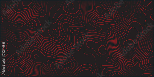 Detailed abstract topographic contour lines red on black illustration ultra wide panoramic format terrain path mapping geographic cartography scheme modern artwork design for vector decoration and con