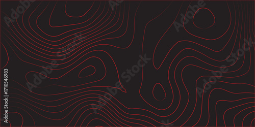 Detailed abstract topographic contour lines red on black illustration ultra wide panoramic format terrain path mapping geographic cartography scheme modern artwork design for vector decoration and con