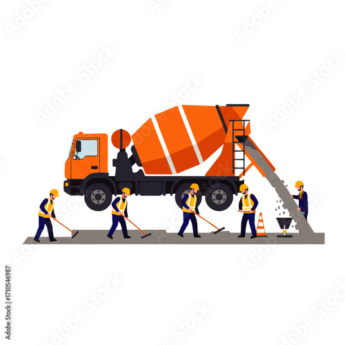 A concrete mixer truck pours cement while construction workers smooth the road surface and manage traffic cones.