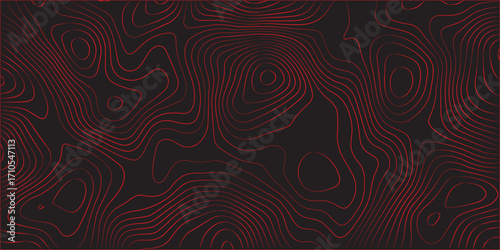 Abstract red topographic contour lines on black background ultra wide panoramic format modern cartography scheme concept conditional terrain path illustration geographic mapping artwork for design and