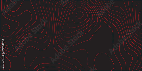 Abstract red topographic contour lines on black background ultra wide panoramic format modern cartography scheme concept conditional terrain path illustration geographic mapping artwork for design and
