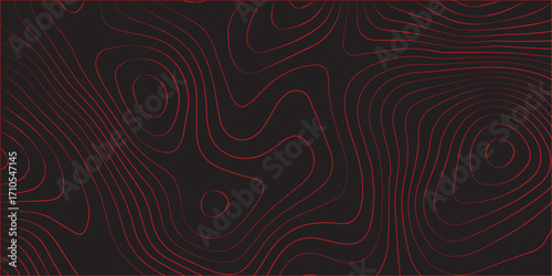 Geographic abstract topographic contour lines in red on black background detailed terrain path illustration modern mapping scheme concept cartography artwork ultra wide panoramic format for vector des