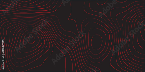 Geographic abstract topographic contour lines in red on black background detailed terrain path illustration modern mapping scheme concept cartography artwork ultra wide panoramic format for vector des
