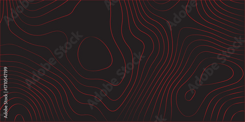 Geographic abstract topographic contour lines in red on black background detailed terrain path illustration modern mapping scheme concept cartography artwork ultra wide panoramic format for vector des