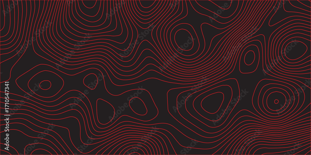 Fototapeta premium Abstract topographic map contour background with red contour lines on black surface showing detailed geographic terrain path conditional scheme concept modern cartography illustration in ultra wide pa