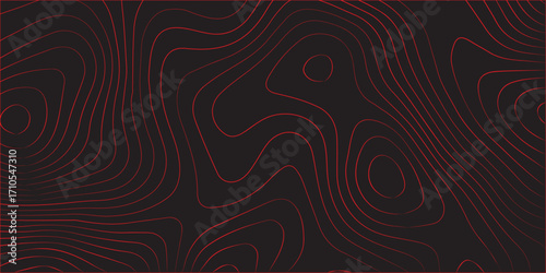 Modern abstract red contour line topographic map illustration on black background with geographic terrain path details cartography artwork conditional scheme concept ultra wide panoramic design for de
