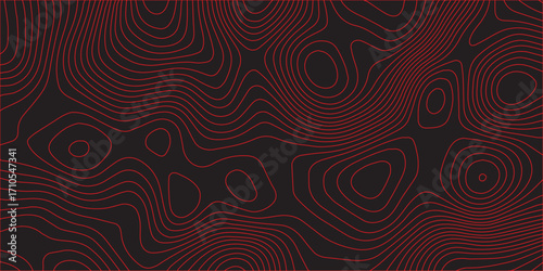 Abstract topographic map contour background with red contour lines on black surface showing detailed geographic terrain path conditional scheme concept modern cartography illustration in ultra wide pa