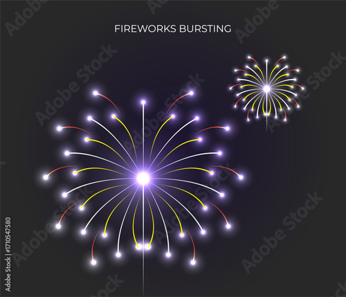A digital icon of two stylized fireworks bursting in a dark sky. The larger one is in the foreground with a central white glow and colorful trails.