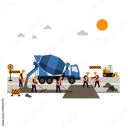 Illustration of construction workers repairing a road with a cement truck, excavator, safety barriers, and sun in a flat design.