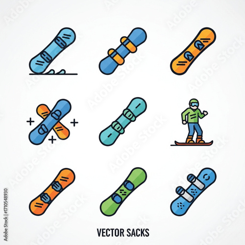 Colorful Snowboard Collection Vector Illustration of Winter Sports Equipment.