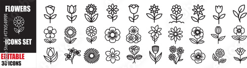  Flowers and Floral Icons Set: Editable 30 Nature, Plant, and Botanic Vector Icons for Web, UI, and Graphic Design