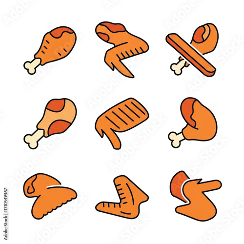 Cartoon Chicken Pieces Drumsticks Wings and Thighs with Orange and Beige Colors.