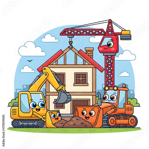 Cartoon illustration of construction site with smiling excavator, bulldozer, and crane building a house under a cloudy sky.