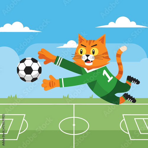 Funny cat playing soccer as a goalkeeper diving for the ball