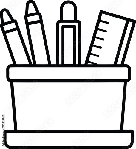 stationery holder outline icon with pens and ruler vector.