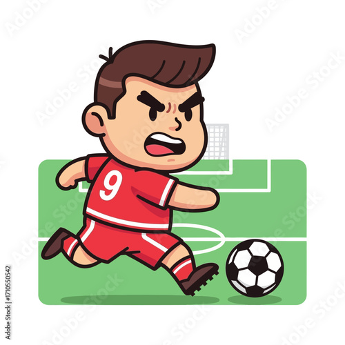 Soccer player kicking ball on field